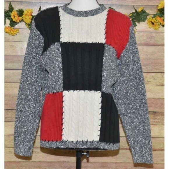 Liz Claiborne Women's Size L Gray Red Black Patchwork Sweater Chunky Knit Warm - Picture 1 of 9